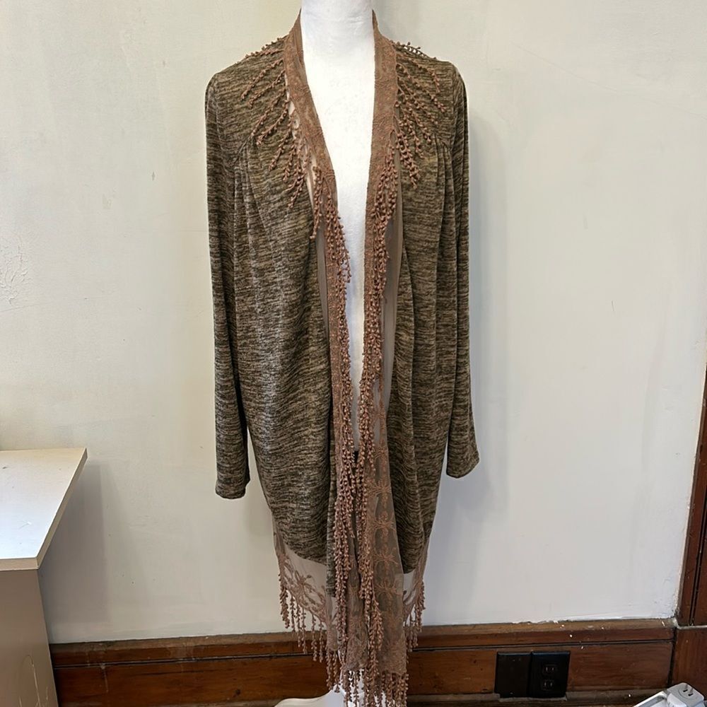 One World brown long floral mesh fringed open cardigan Size L EUC